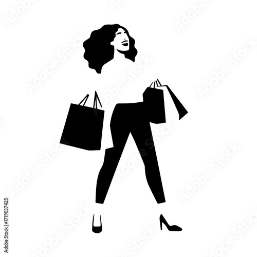 Black and white line art of a beautiful happy woman carrying shopping bags minimalist cheerful illustration