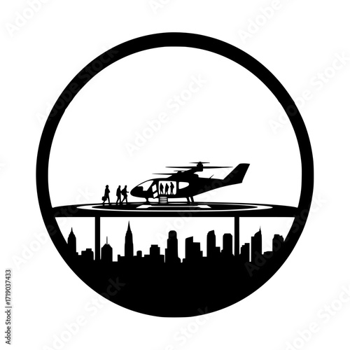 Futuristic vertical takeoff and landing aircraft silhouette on a city skyline isolated on transparent background
