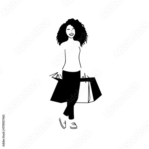 Black and white line art of a beautiful happy woman carrying shopping bags minimalist cheerful illustration