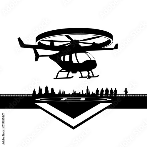 Futuristic vertical takeoff and landing aircraft silhouette with two people standing beside it isolated on transparent background