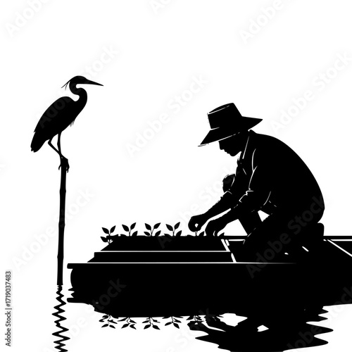 Silhouette of a farmer tending to crops in a field with a heron perched nearby isolated on transparent background