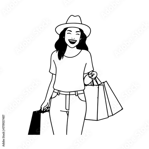 Black and white line art of a beautiful happy woman carrying shopping bags minimalist cheerful illustration