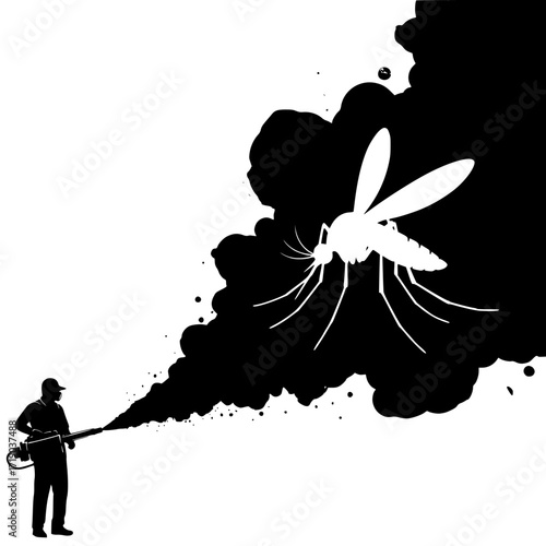 Silhouette of a person spraying a giant mosquito with insecticide in a dramatic scene isolated on transparent background