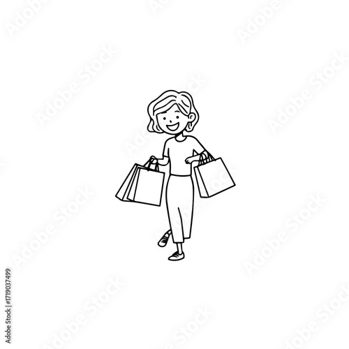 Black and white line art of a beautiful happy woman carrying shopping bags minimalist cheerful illustration