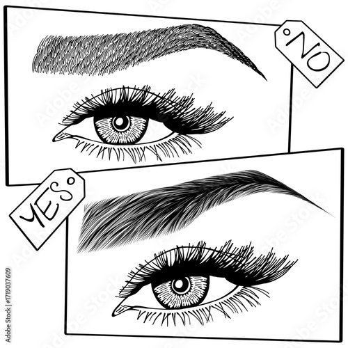 Illustration with woman's eyes, eyelashes and eyebrows. Makeup Look. Tattoo design. Logo for brow bar or lash salon. Wrong and right coloring care. Set of well-groomed and shaggy eyebrows.
