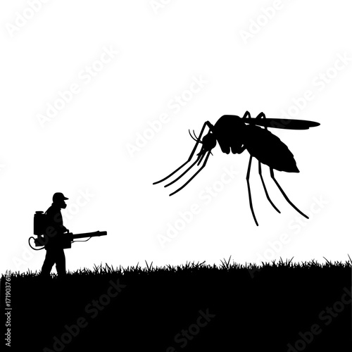 Pest control worker spraying insecticide at a giant mosquito in silhouette isolated on transparent background