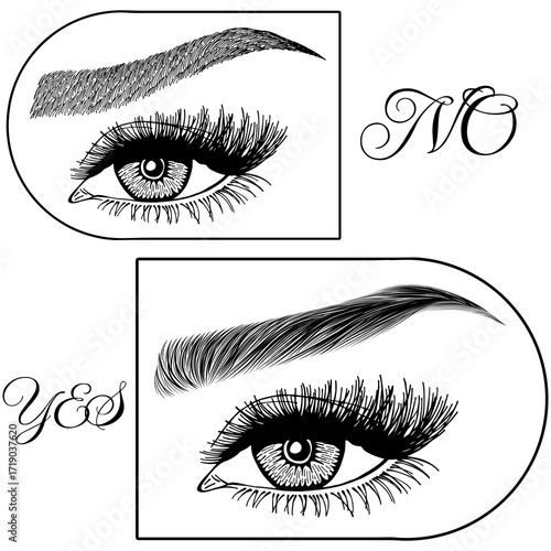 Illustration with woman's eyes, eyelashes and eyebrows. Makeup Look. Tattoo design. Logo for brow bar or lash salon. Wrong and right coloring care. Set of well-groomed and shaggy eyebrows.