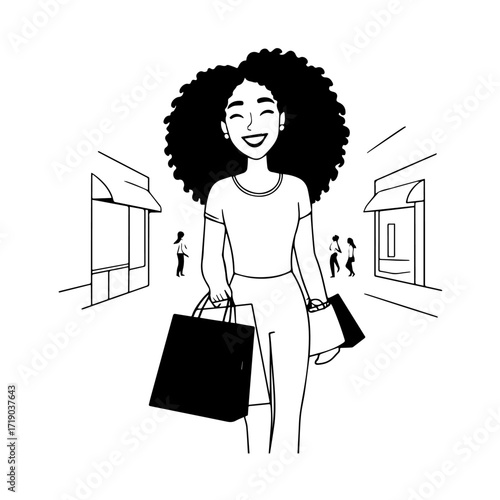 Black and white line art of a beautiful happy woman carrying shopping bags minimalist cheerful illustration