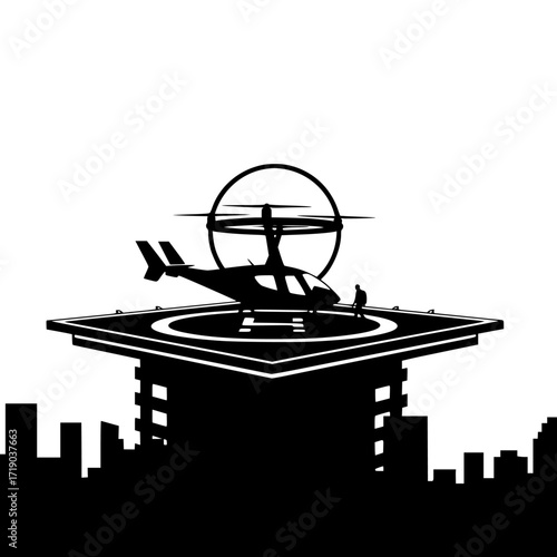Futuristic helicopter and drone landing pad with city skyline silhouette isolated on transparent background