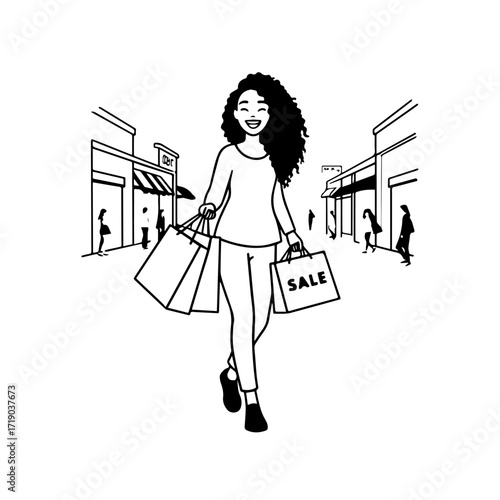 Black and white line art of a beautiful happy woman carrying shopping bags minimalist cheerful illustration
