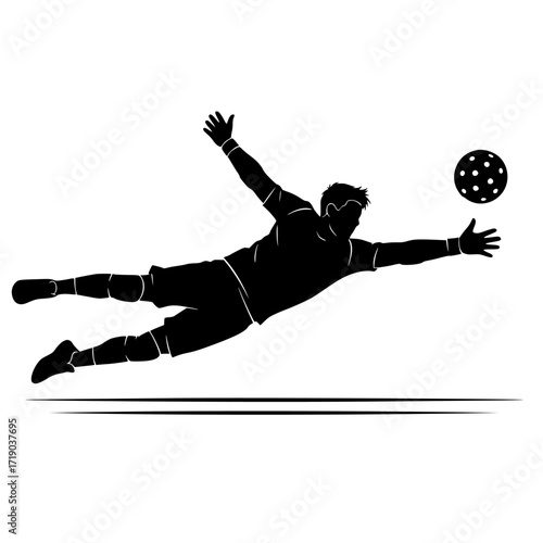 Dynamic silhouette of a soccer goalkeeper diving to save a star patterned ball isolated on transparent background silhouette