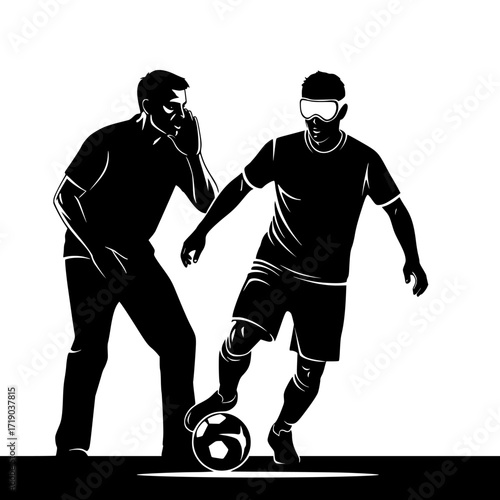 Dynamic silhouette of two soccer players in action with a football isolated on transparent background