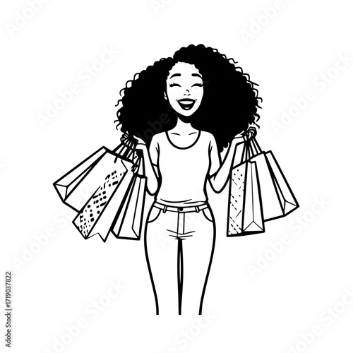 Black and white line art of a beautiful happy woman carrying shopping bags minimalist cheerful illustration