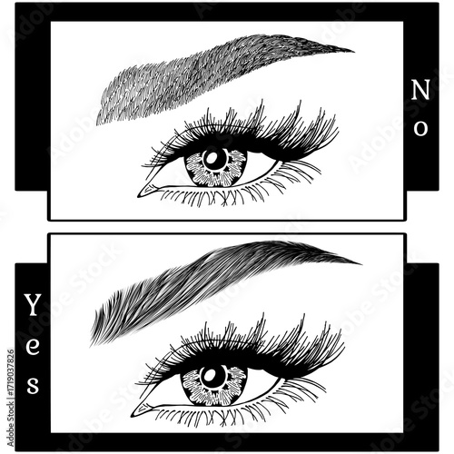 Illustration with woman's eyes, eyelashes and eyebrows. Makeup Look. Tattoo design. Logo for brow bar or lash salon. Wrong and right coloring care. Set of well-groomed and shaggy eyebrows.