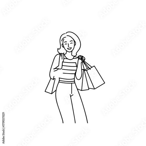 Black and white line art of a beautiful happy woman carrying shopping bags minimalist cheerful illustration