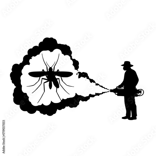 Silhouette of a person spraying a giant mosquito with insecticide in a dramatic scene isolated on transparent background