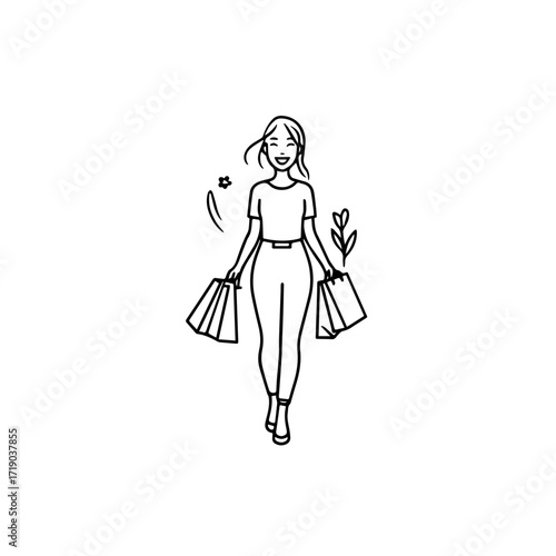 Black and white line art of a beautiful happy woman carrying shopping bags minimalist cheerful illustration