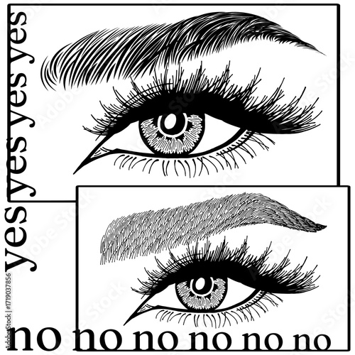 Illustration with woman's eyes, eyelashes and eyebrows. Makeup Look. Tattoo design. Logo for brow bar or lash salon. Wrong and right coloring care. Set of well-groomed and shaggy eyebrows.