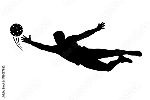 A striking black silhouette of a soccer goalkeeper in mid-air, reaching to catch a ball with a star pattern, isolated on a transparent background.
