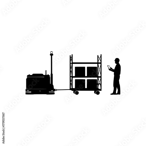 Silhouette of a warehouse worker operating a pallet jack to move a cart of boxes isolated on transparent background