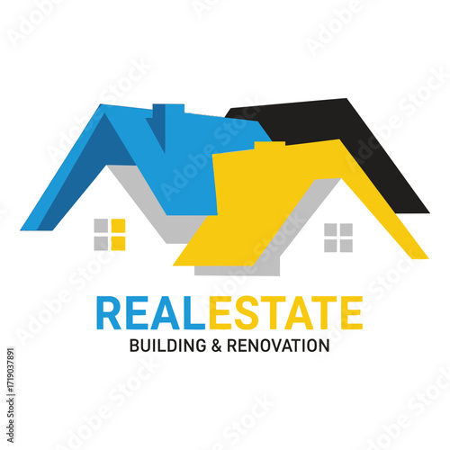 Three overlapping house roofs in blue yellow and black with text real estate building