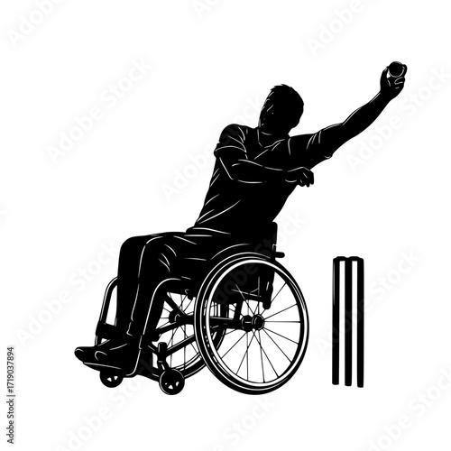 Dynamic silhouette of a wheelchair cricket player in action throwing a ball isolated on transparent background