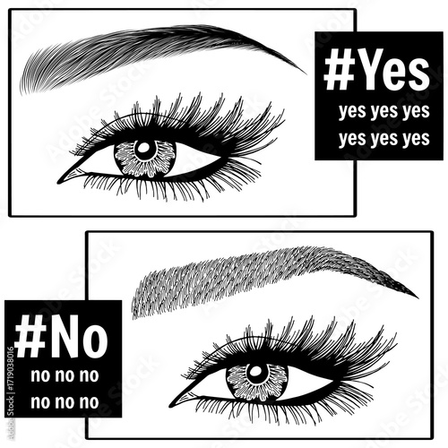 Illustration with woman's eyes, eyelashes and eyebrows. Makeup Look. Tattoo design. Logo for brow bar or lash salon. Wrong and right coloring care. Set of well-groomed and shaggy eyebrows.