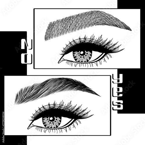 Illustration with woman's eyes, eyelashes and eyebrows. Makeup Look. Tattoo design. Logo for brow bar or lash salon. Wrong and right coloring care. Set of well-groomed and shaggy eyebrows.