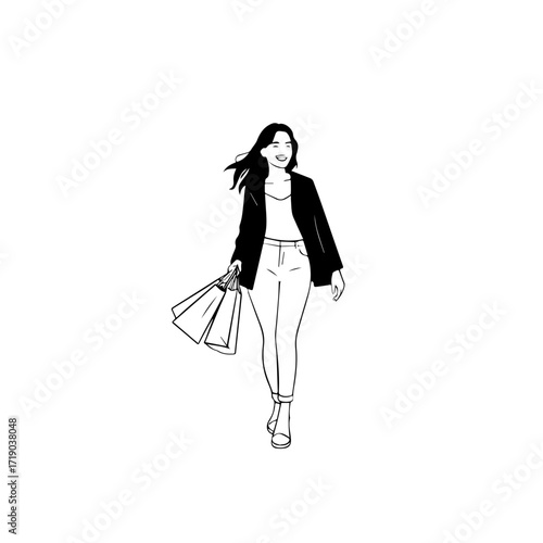 Black and white line art of a beautiful happy woman carrying shopping bags minimalist cheerful illustration
