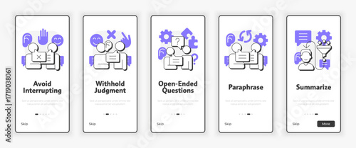 Active listening techniques mobile onboarding screen. Communication skills. UX UI illustration. Flat outline style icons with purple accent. Informa Pro Bold, Montserrat Light fonts used