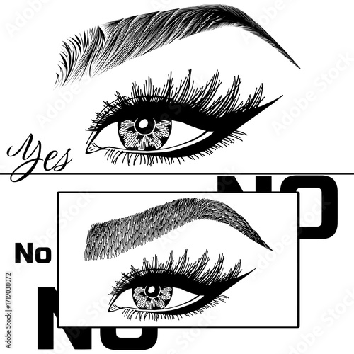 Illustration with woman's eyes, eyelashes and eyebrows. Makeup Look. Tattoo design. Logo for brow bar or lash salon. Wrong and right coloring care. Set of well-groomed and shaggy eyebrows.