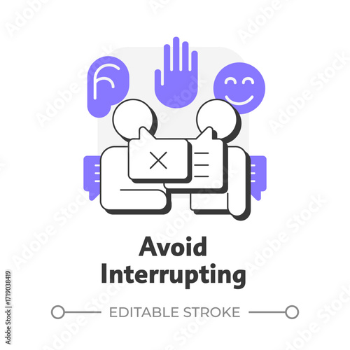 Avoid interrupting flat outline concept icon. Arguing misunderstanding. Social communication, conflict. Modern line illustration with purple glyphs. Conceptual visual. Easy to edit
