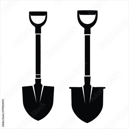 Two black shovel silhouettes with D shaped handles on white background spade tool