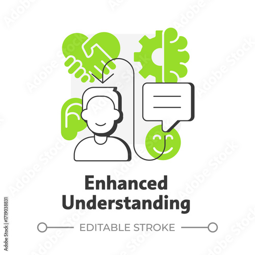 Enhanced understanding flat outline concept icon. Knowledge processing, information. Active listening, studying. Modern line illustration with green glyphs. Conceptual visual. Easy to edit