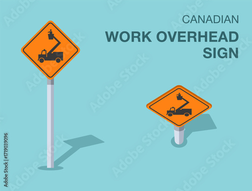 Traffic regulation rules. Isolated canadian "work overhead" road sign. Front and top view. Flat vector illustration template.