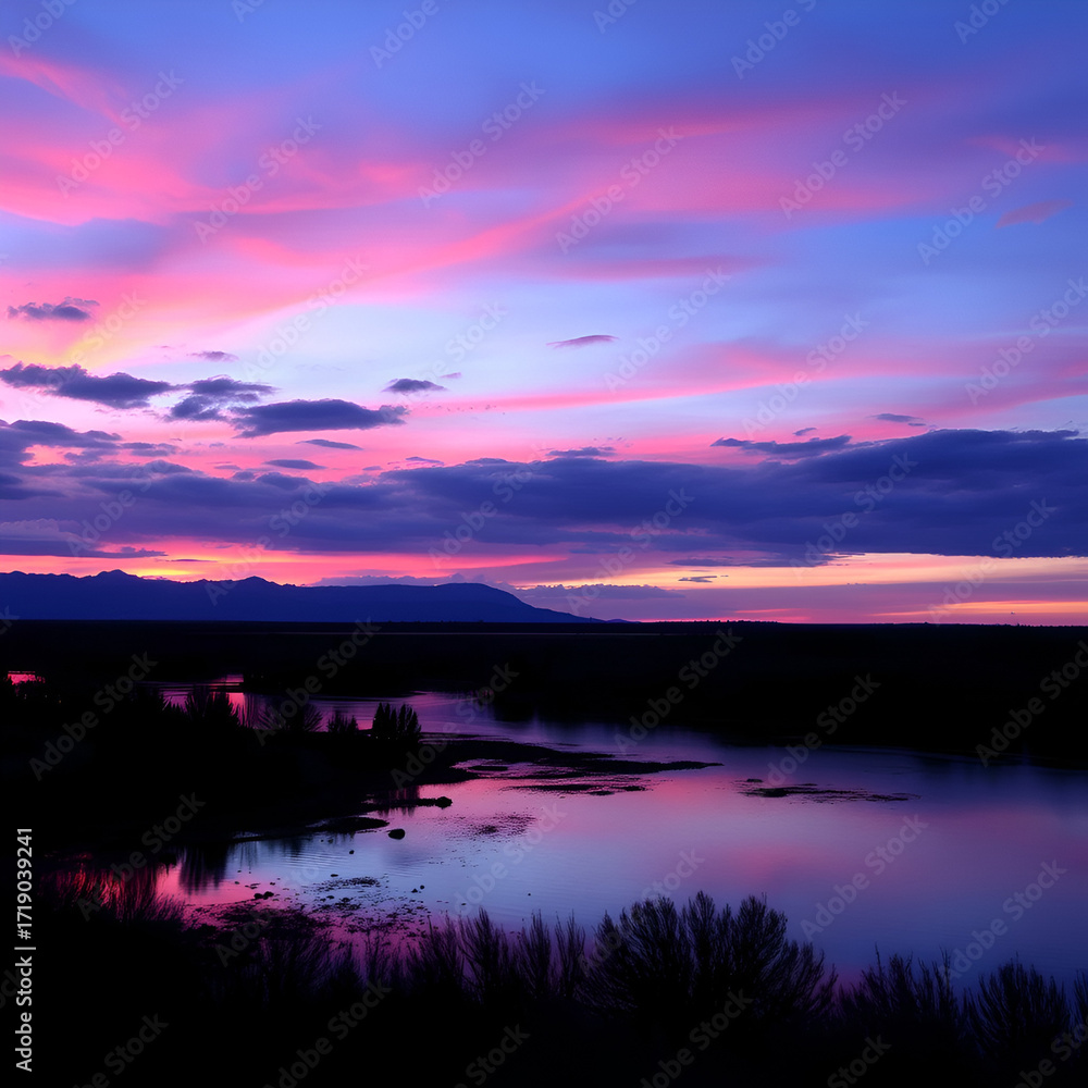 Obraz premium Serene Sunset Landscape: Vibrant Pink and Blue Colors Reflecting on Tranquil Waters