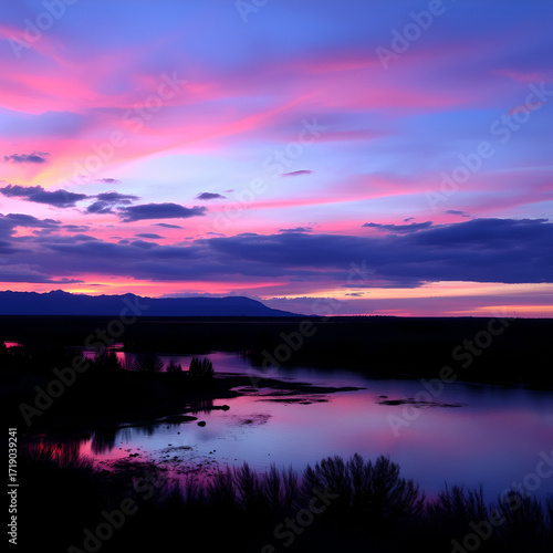 Serene Sunset Landscape: Vibrant Pink and Blue Colors Reflecting on Tranquil Waters