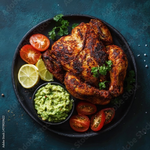 Wallpaper Mural Roasted chicken with avocado, lime, and tomato salsa on dark plate Torontodigital.ca