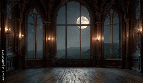 Wallpaper Mural Dark, wooden castle room with large arched windows overlooking a night landscape Torontodigital.ca