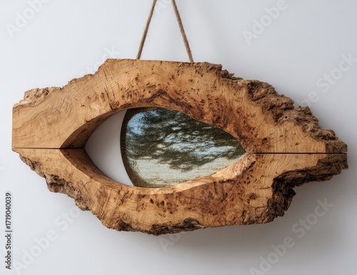 Wallpaper Mural Wooden wall mirror, eye-shaped, natural wood grain, hanging with rope Torontodigital.ca