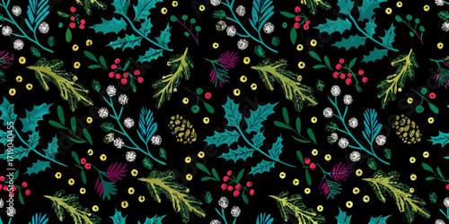 Festive christmas pattern with holly berries pine needles and pine cones on black background