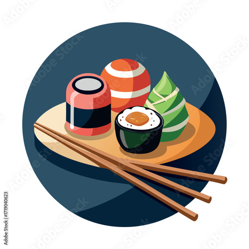 Cute and realistic sushi rolls with chopsticks graphic set