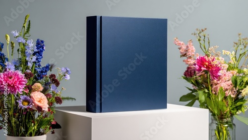Wallpaper Mural Navy blue book on white pedestal, surrounded by flowers Torontodigital.ca
