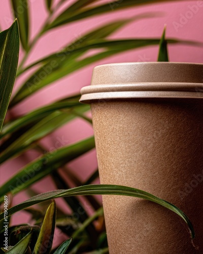 Wallpaper Mural Beige coffee cup nestled amongst vibrant pink foliage Torontodigital.ca