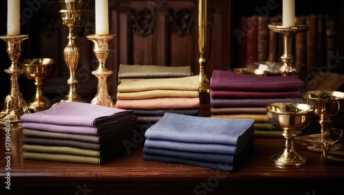Wallpaper Mural Stacked linen napkins in various colors on a wooden table, surrounded by antique-style candlesticks and chalices Torontodigital.ca