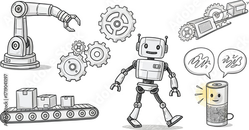 Illustration of robots, gears, conveyor belt, and a smart speaker on a white background drawing
