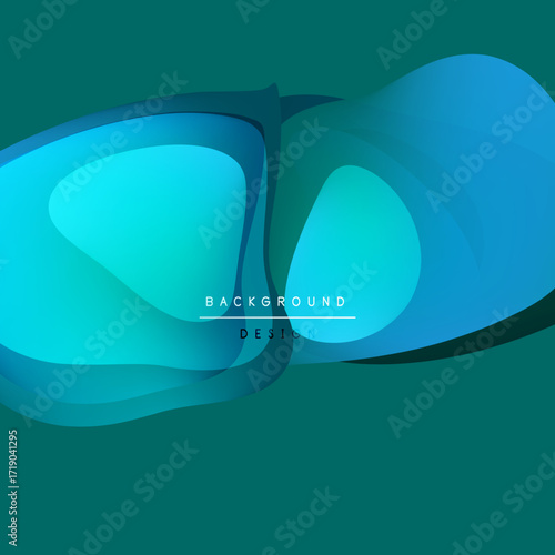 Abstract layers overlap, creating fluid shapes. Teal, turquoise hues dominate design. Text reads background design. Minimalist aesthetic.