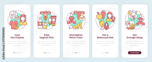Menopause prevention onboarding mobile app screen. Age changes. Walkthrough 5 steps editable graphic instructions with linear concepts. UI, UX, GUI. Montserrat SemiBold, Regular fonts used