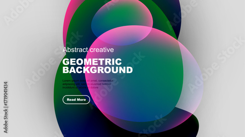 Abstract geometric shapes overlap, creating vibrant color gradients. Text promotes creative design, modern aesthetic.