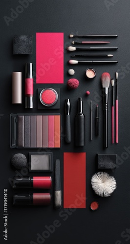 Wallpaper Mural Flat lay of various makeup products in shades of black and crimson red, arranged on a dark background Torontodigital.ca